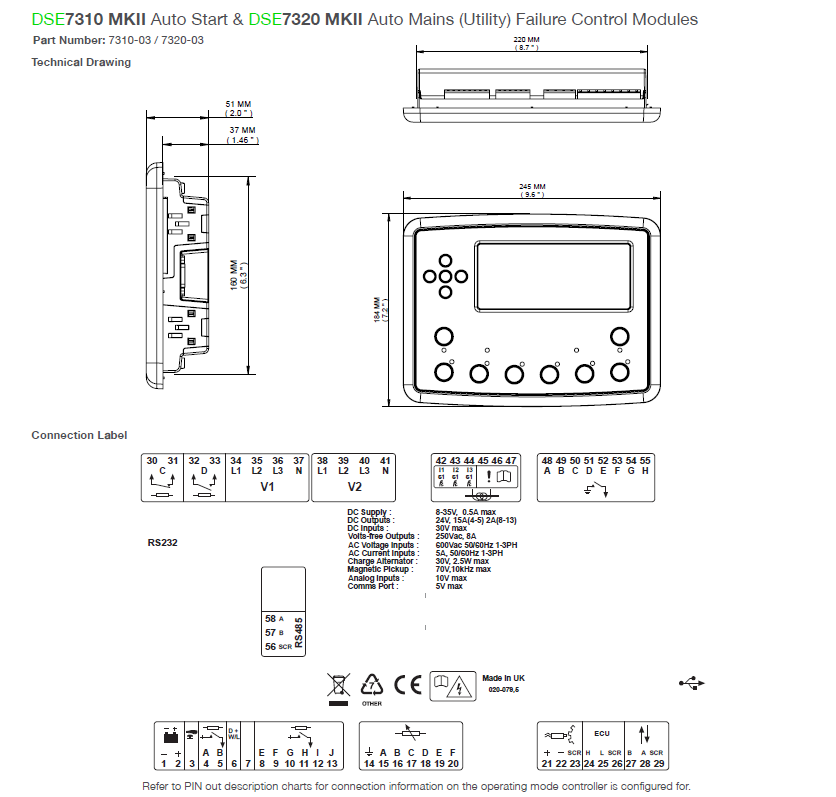 DSE 7320 MKII marca DeepSea Electronics Módulo de Control de Red Automática para Plantas de Emergencia y Generadores Eléctricos. Original